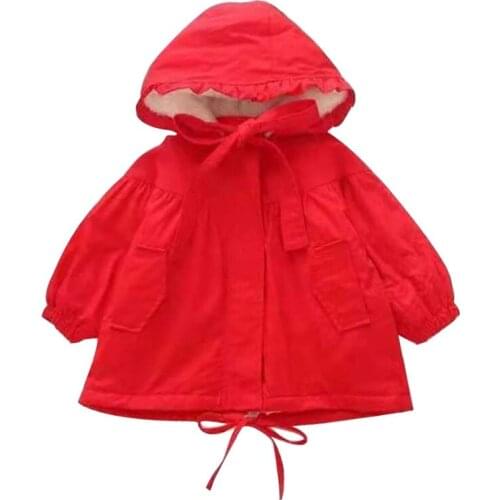 Girl red plus velvet coat Girl hooded bow decoration jacket Girl fashion warm cold-resistant cotton jacket Girl cotton coat