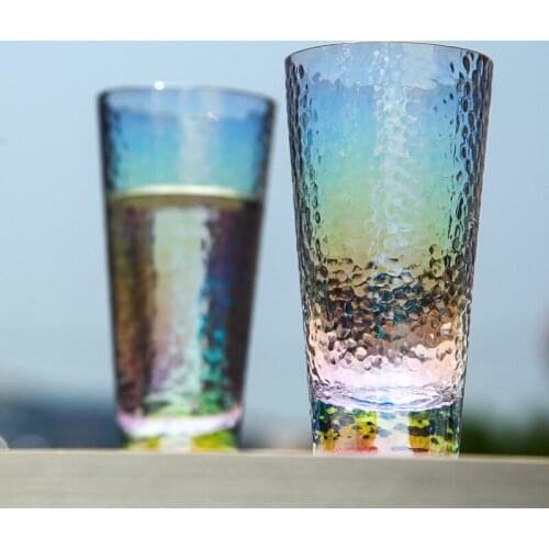 6pcs creative rainbow cup hammered glass magic cup colorful water tumbler colorful wine cup juice glass drink mug goblet vase
