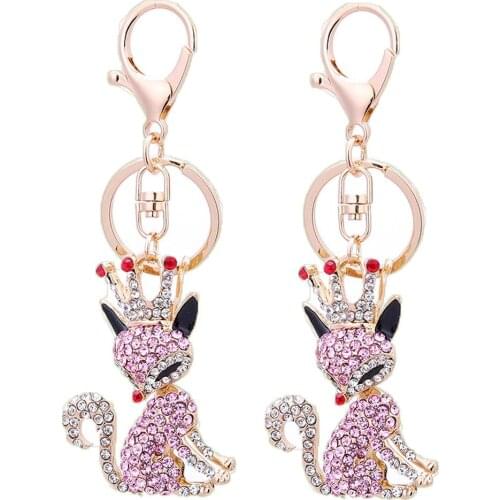 Creative Cartoon Colorful Rhinestone Key Ring Fox with Crown Charm Bag Purse Pendant Car Keychain Backpack Hanging Gift