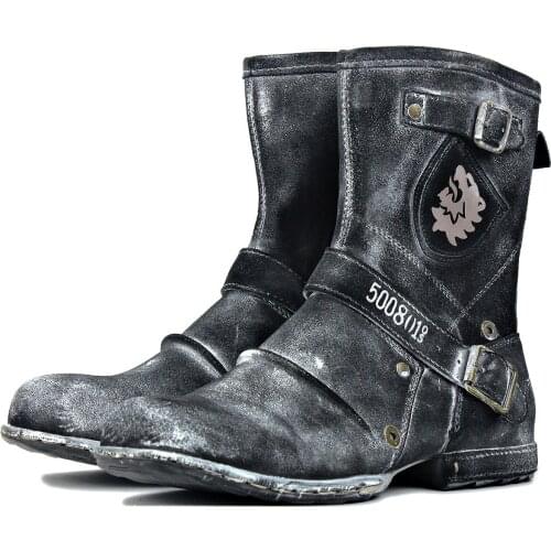 2020 spring autumn Western Boots Genuine Leather Mens Motorcycle Boots Ankle Boots Casual shoes 5008-1-H-F1 Snow Black color