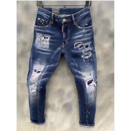 New Tattered Paint Stitching Mens Slim Stretch Jeans Light Blue Embroidered Motorcycle Pants T125