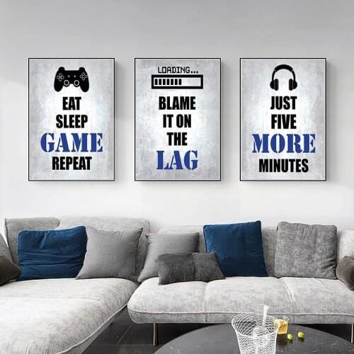 Video Game Themed Gamer Wall Art Canvas Posters Home Decor Black White and Blue Gaming Bedroom Pictures Teen Room Decoration