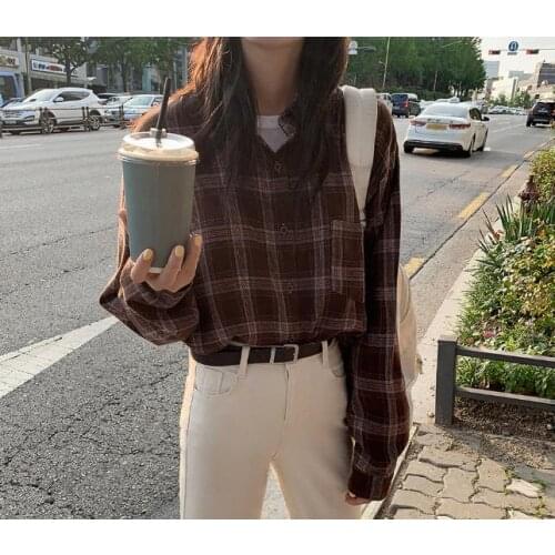 New Vintage cotton plaid Shirt female Oversize Tops Women Long sleeve Girls Blouse Plus Size Autumn Women Blouses femme Blusas