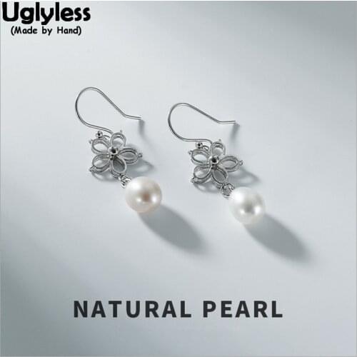 Uglyless Elegant Pearls Earrings for Women Handmade Hollow Flower Fine Jewelry 100% Real Solid 925 Silver Earrings Ball Bijoux