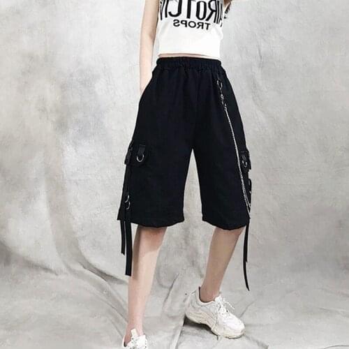 Street style hip-hop cargo shorts chic Harajuku loose dark five-point shorts women Korean vintage high-waist straight shorts