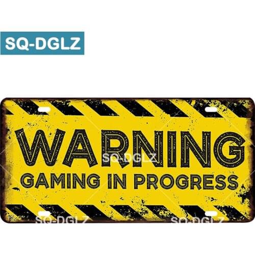 [SQ-DGLZ] WARNING GAMING IN PROGRESS License Plaque Car Metal Sign Vintage Tin Sign Plate Pub Bar Decor Art Poster Borden