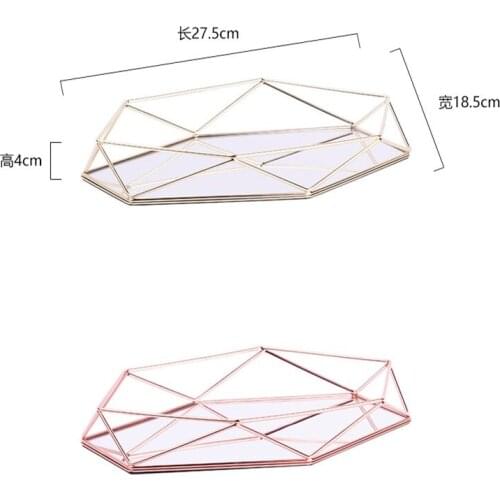 Three-dimensional wrought iron storage tray Nordic minimalist rose gold mirror bottom hexagonal tray home decoration