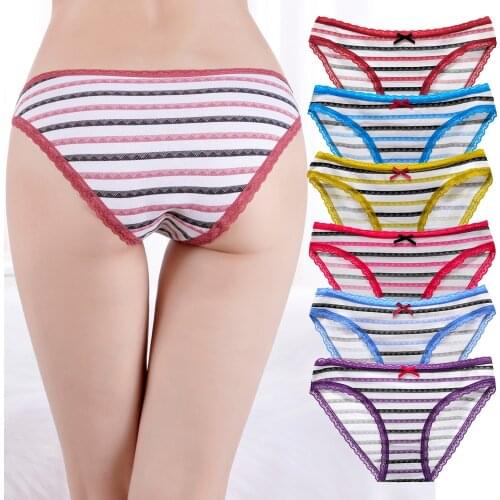 LOBBPAJA Lot 6 PCS Ladies Pantites Cotton Underwear Women Sexy Low Rise Briefs Colors Stripe Underpants Knickers Lingerie M L XL