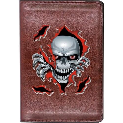 High Quality Leather Punk Style Skull Printing Travel Passport Cover ID Credit Card Case