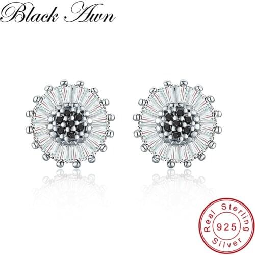 Black Awn Birthday Present 925 Sterling Silver Jewelry Engagement Round Stud Earrings for Women Black Spinel Female Earring I013
