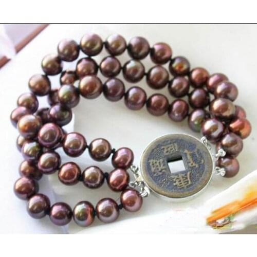 Perfect Women Birthday,Chirstmas Gift Pearl Bracelet,3Rows 8inches 9-10mm Coffee Round Freshwater Cultured Pearl Bracelet