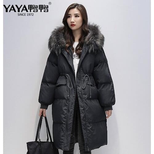 YAYA Womens Winter Duck Down Jacket Detachable Real Fur Collar Hooded Long Down Coat Windproof Warm Outerwear