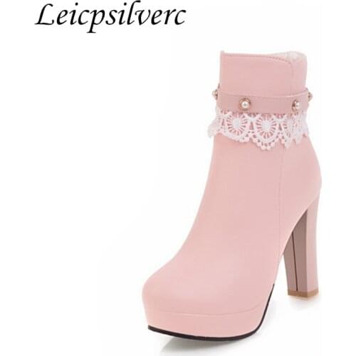 Winter fashion popular Sexy zipper Pu pearl Lace Young woman root High heels Womens shoes warm Womens boots Big size 34-44