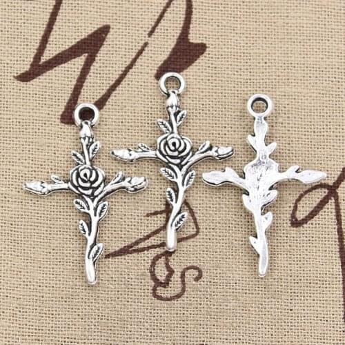 15pcs Charms Cross Flower Branch 35x23mm Antique Bronze Silver Color Pendants Making DIY Handmade Tibetan Bronze Jewelry