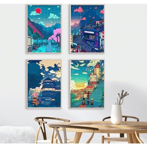 Anime Wall Art Cartoon View Street Prints Poster Night Tree Cute Painting For Home Livingroom Decor Modular Wall Stickers