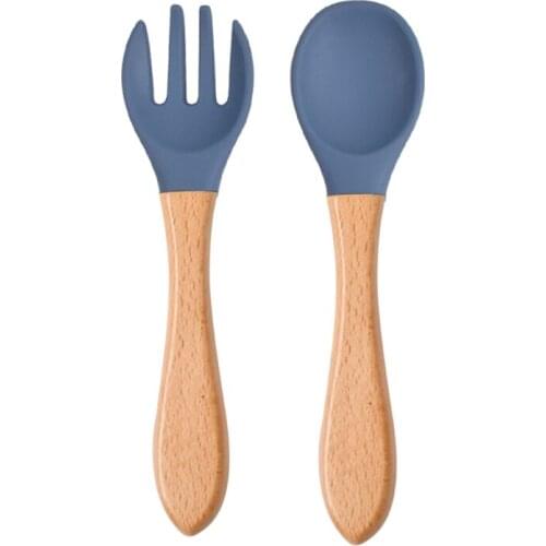 Baby Food Grade Silicone Feeding Plate with Matching Wood Handle Spoon Fork Set Toddlers Divided Non-Slip Bowl Tableware 69HE