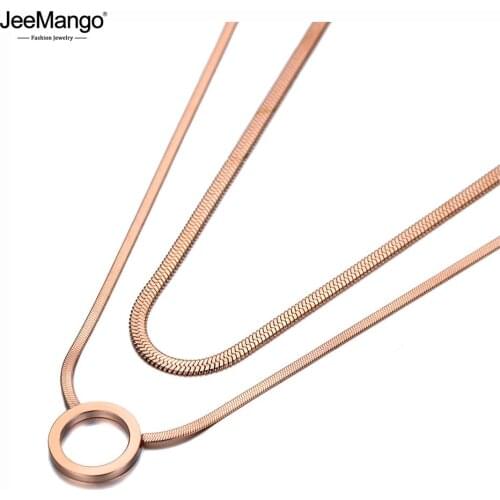 JeeMango Bohemia Titanium Stainless Steel Double Layer Circle Choker Necklaces Fashion Snake Chain Necklace For Women JN20001