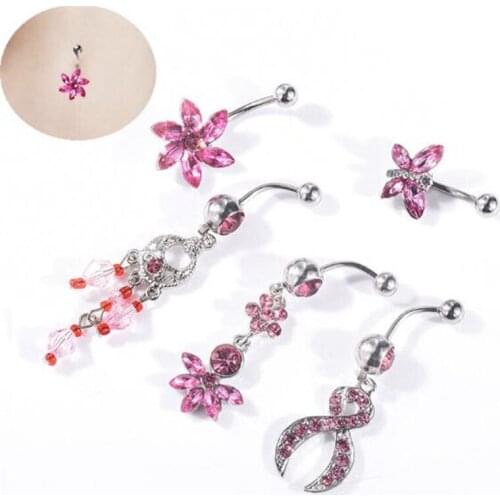 5pcs/set Surgical Steel Dangle Navel Rings Flowers Pink Crystal Navel Bars Water Drop Belly Button Ring Piercing Body Jewelry