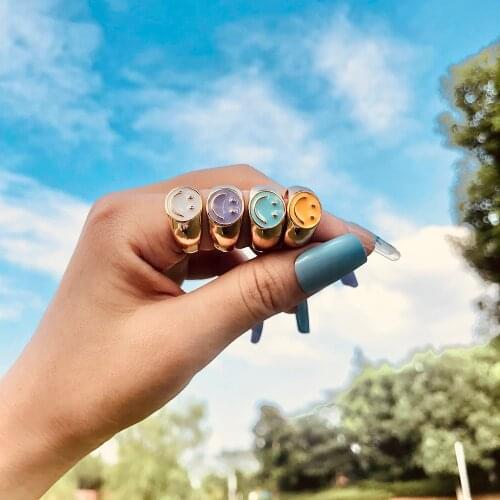Trendy Colorful Enamel Smile Face Rings For Women Dripping Oil Gold Metal Chunky Rings For Women Fashion Smiley Jewelry Gifts