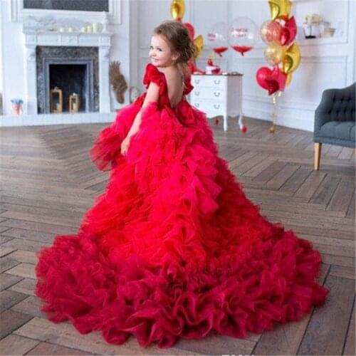 Red Cute Flower Girl Dresses Little Girls Birthday Party Gowns with Long Train Pageant Dress 2-16Year