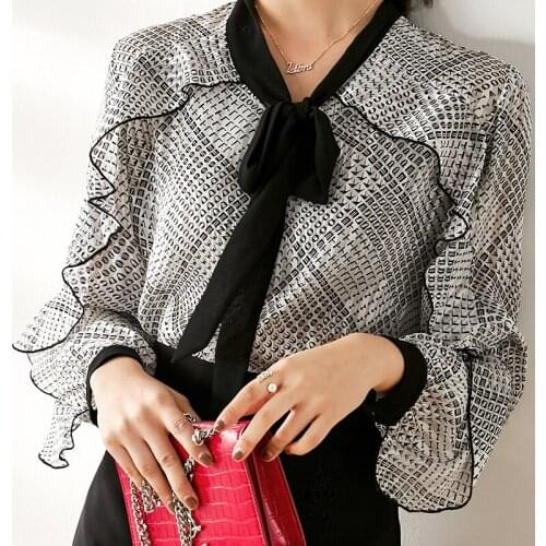 Summer Woman RuffleTop Blusas De Mujer Bow Print Chiffon Blouse Women Shirt Long Sleeve Office Tops Ladies Blouses Work Blouse