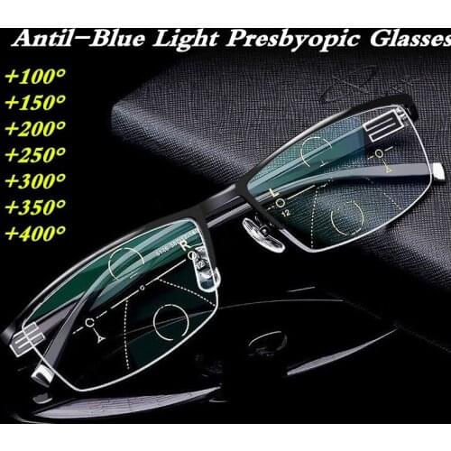 Smart zoom Multifocal Reading Glasses Men Bifocal Blue Light Blocking Progressive Metal Memory Presbyopia Glasses 1.5 1.25