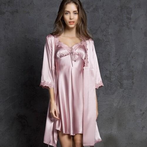 Lace Flower Lady 2PCS Nighty Set 3/4 Sleeve Lounge Robe Gown Sexy Deep V-Neck Nightgown Summer Autumn Sleep Dress Spring Pajamas