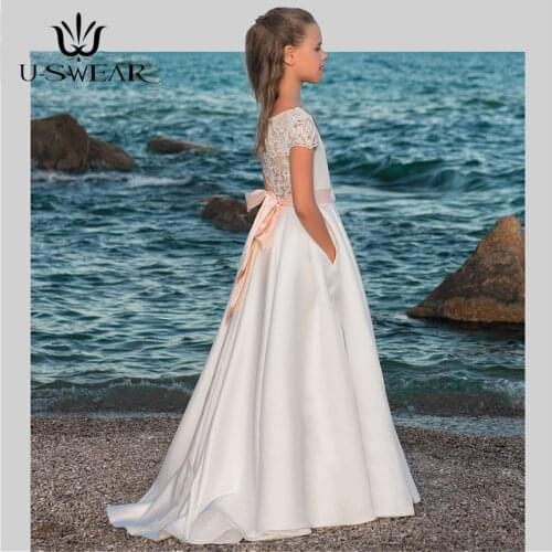 2020 New Kid Flower Girl Dresses Satin Lace Elegant Princess First Communion Dresses Wedding Party Ball Gown Children Clothing