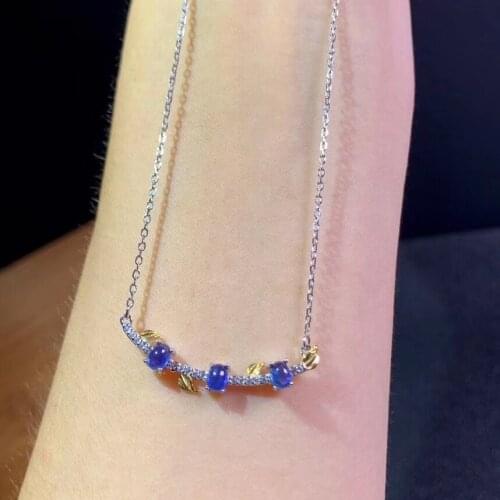 Natural blue sapphire gem Necklace natural gemstone Pendant Necklace S925 silver Elegant Smiley Leaves girls women party Jewelry