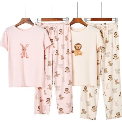 Summer Thin Modal Pajamas Women Short Sleeved Long Pants Home Suit Ladies Home Service Sleepwear Pyjamas Femme Homewear