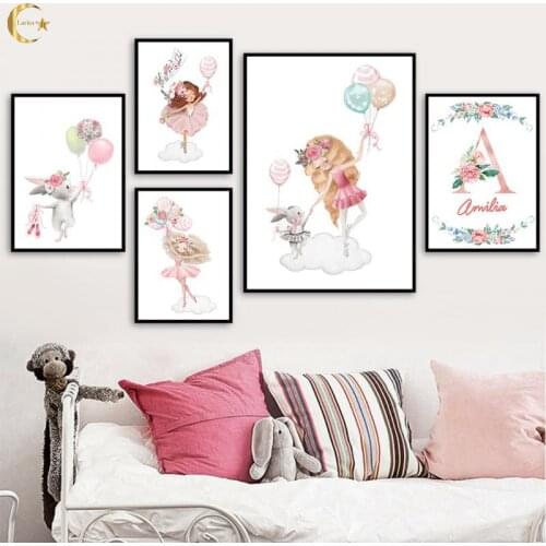 Nordic Posters and Prints Ballet Girl Rabbit Balloon Flowers Letter Canvas Painting Wall Art Pictures for Kids Room Home Decor