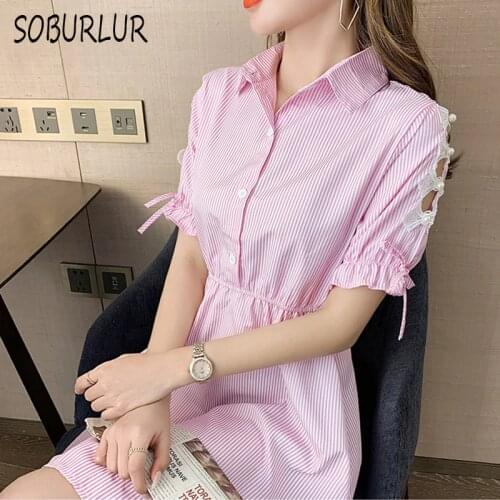 Shirt Dress Female Summer Short Sleeve Dresses Cotton High Waist Casual A-line Midi Skirt Stripe Korean Women Dress Shirt Black