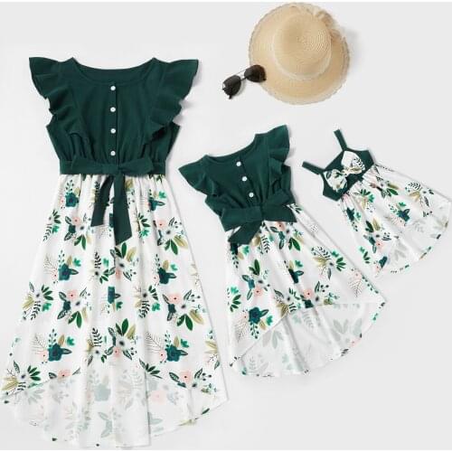 PatPat Mommy and Me Ruffle Floral Printed Stitching Solid Dresses