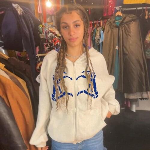 Casual Women Hooded Hoodies Hand Heart Printed Skeleton Long Sleeve Zipper Vintage Sweatshirts Female Winter Tops Korean Y2K