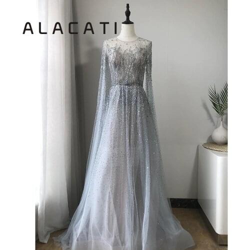 Silver-gray luxury long-sleeved fancy detachable two-wear evening dress 2019 new A-word sexy evening dress real photo