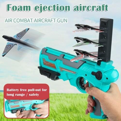 Foam Plane Ejection Toy Handheld Catapult Plane Ejector with 4 Ariplane Glider for Kid 6-8m Range Load 4 Aircraft in One NSV