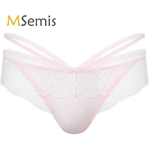 Mens Sexy Sissy Gay Underwear Erotic Lingerie G-string Briefs Panties Low Rise Floral Lace Skirted Underpants Elastic Waistband