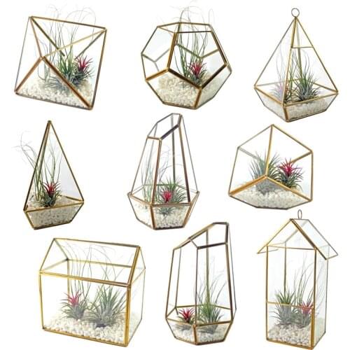 European Style Simple Geometric Greenhouse Garden Ornament Christmas Polyhedral Brass Creative Cover Container Jar Glass Vase