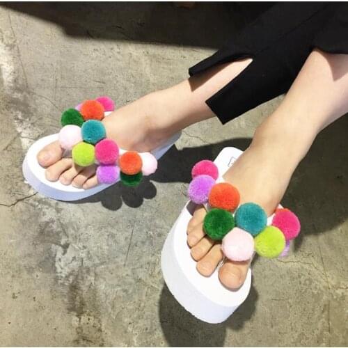 Woman Sandals & Flip Flops Beach Slippers Colorful wool ball Wedge Platform Sandal High Heels Shoe Flats Flip-Flop