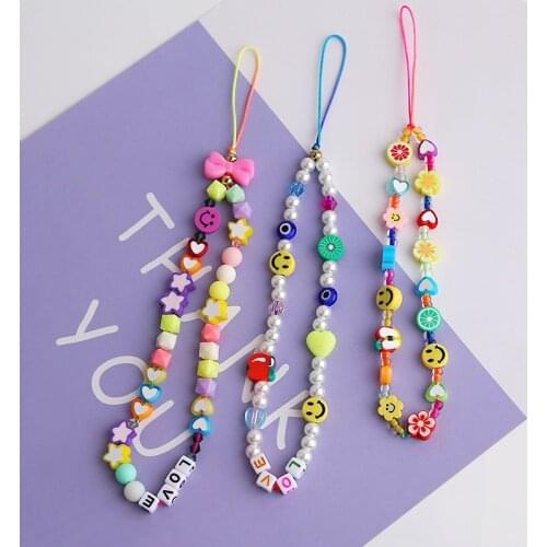 Boho Colorful Polymer Clay Mobile Phone Strap Women Cute Smiley Star Letter Beads Chain Belt Phone Strap Fashion Jewelry 2020