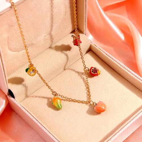 New Unique Design Multicolor Enamel Fruit Pendant Necklace for Women Fashion Mango Peach Pomegranate Necklace Jewelry Gift