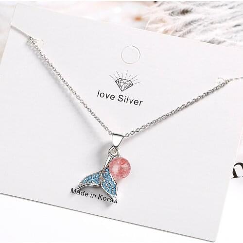 925 Sterling Silver Mermaid Fishtail Necklaces with Natural Strawberry Crystal Cubic Zirconia Jewelry For Women Gifts S-N450
