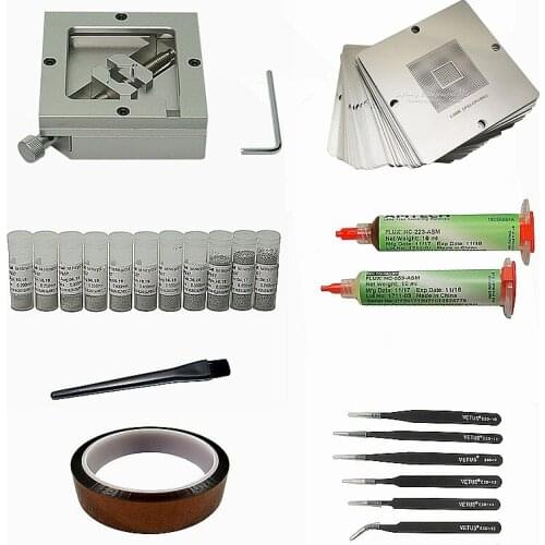 45pcs/lot 90mm BGA Reballing Jig Kit 11pcs 25K Solder Ball 23pcs 90mm Universal BGA Heating Stencils 223 559 Flux ESD Tweezers