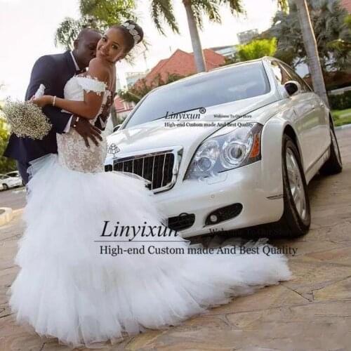 African Nigeria Mermaid Wedding Dresses Elegant Off the Shoulder Lace Applique Ruffles Sweep Train Wedding Bridal Gowns