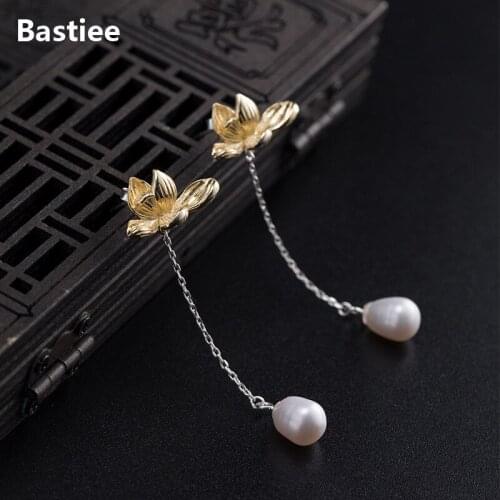 Bastiee Lutos Flower Pearl Drop Earrings 925 Sterling Silver Jewelry For Women Elegant Dangle Earings Handmade Luxury Gifts