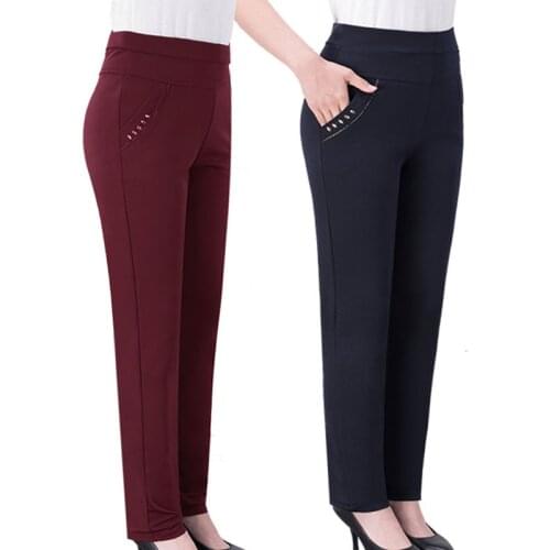 New Solid Elastic High Waist Casual Moms Pants Autumn Womens Trousers Plus Size 5XL Middle-aged Winter Female Straight Pants