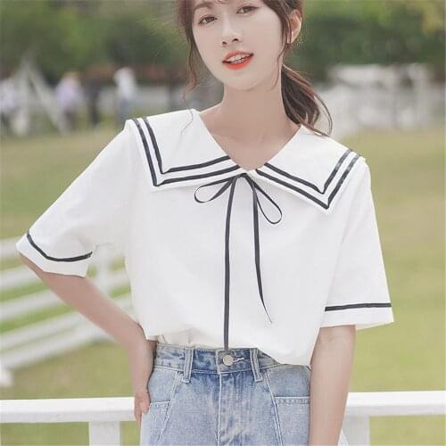 Loose White Korean T-Shirt Harajuku Funny Sailor Collar Tops Fashion Japan Student Women Clothes Summer Solid T Shirt Girl