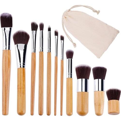Hot 11pcs Natural Bamboo Handle Makeup Brushes Set High Quality Foundation Blending Cosmetic Make Up Tool Set With Cotton Bag