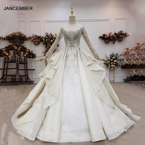 HTL1541 Luxury Crytal Beading Sequined White Wedding Dresses 2020 Ruched O-Neck Ball Gown Lace up With Back vestido novia blanco