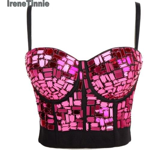 Irene Tinnie Women Sexy Strap Bustier Bra Glitter Reflective Sequins Camisole Vest Festival Rave Party Corset Crop Top